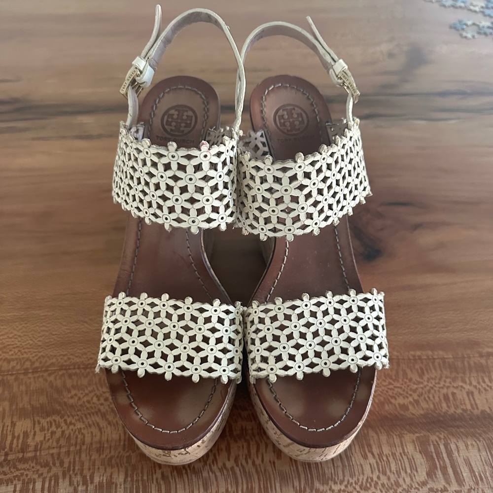 Tory Burch Daisy Leather Preforated Open Toe Platform Wedges